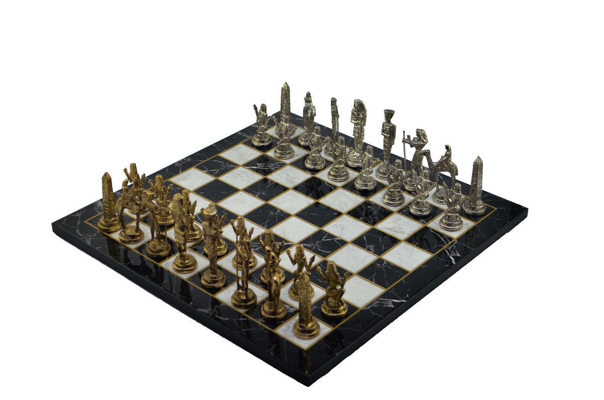 Gifthome Metal Satranç Takımı / Seti;Büyük,Mısır,Parlak Taş ve Düz Mermer Desenli Satranç Tahtası