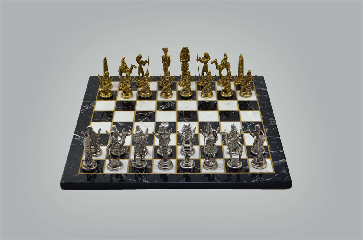 Gifthome Metal Satranç Takımı / Seti;Büyük,Mısır,Parlak Taş ve Düz Mermer Desenli Satranç Tahtası