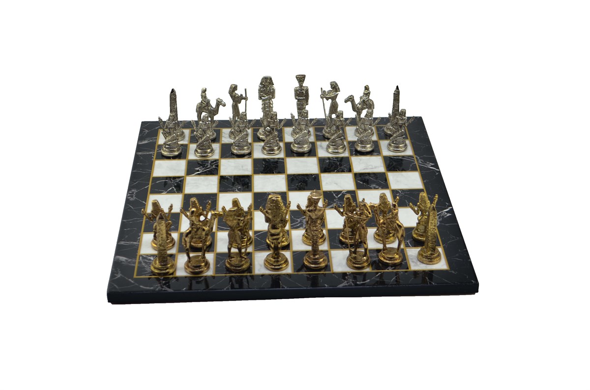 Gifthome Metal Satranç Takımı / Seti;Büyük,Mısır,Parlak Taş ve Düz Mermer Desenli Satranç Tahtası