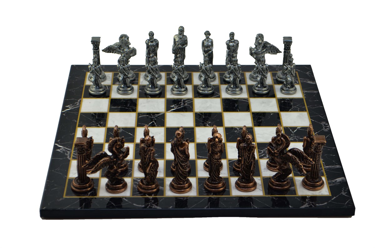 Gifthome Metal Satranç Takımı / Seti;Büyük,Pegasus,Parlak Antik ve Düz Mermer Desenli Satranç Tahtası