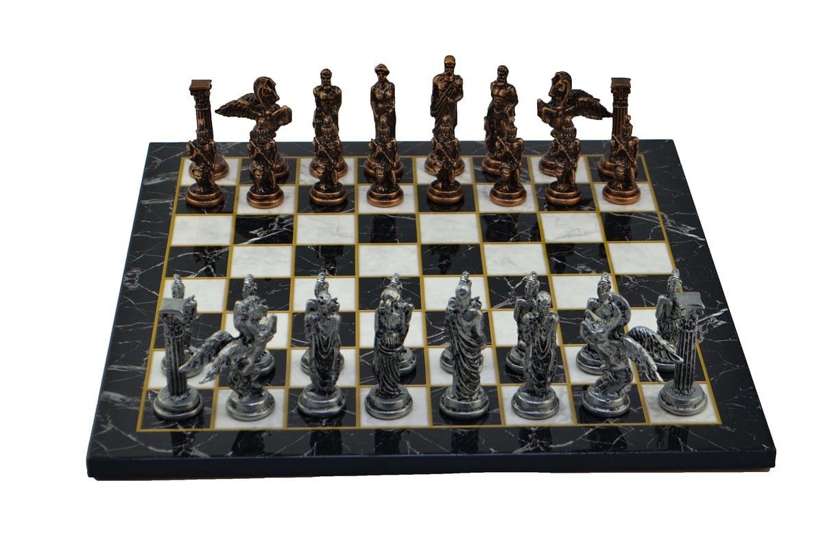 Gifthome Metal Satranç Takımı / Seti;Büyük,Pegasus,Parlak Antik ve Düz Mermer Desenli Satranç Tahtası