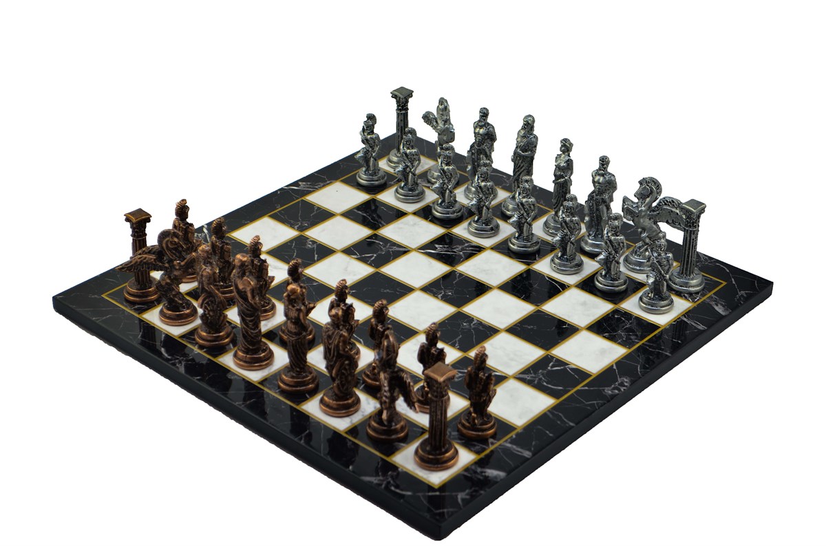 Gifthome Metal Satranç Takımı / Seti;Büyük,Pegasus,Parlak Antik ve Düz Mermer Desenli Satranç Tahtası