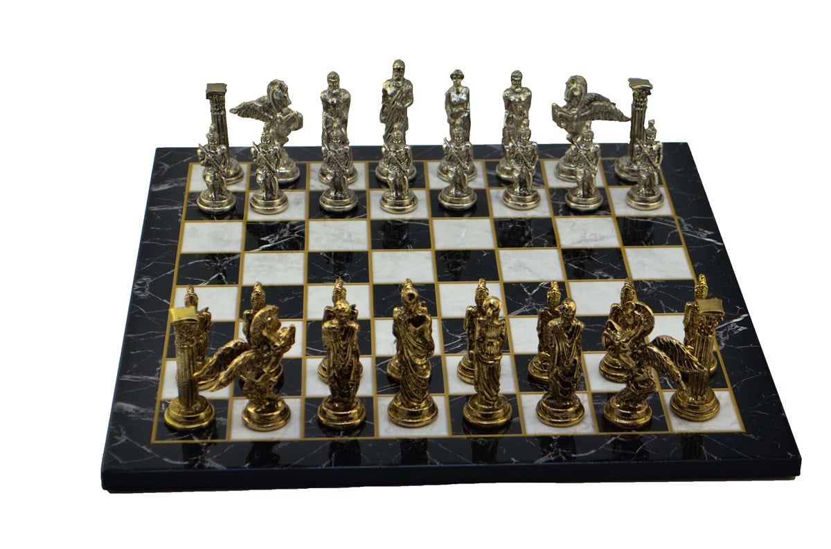 Gifthome Metal Satranç Takımı / Seti;Büyük,Pegasus,Parlak Taş ve Düz Mermer Desenli Satranç Tahtası