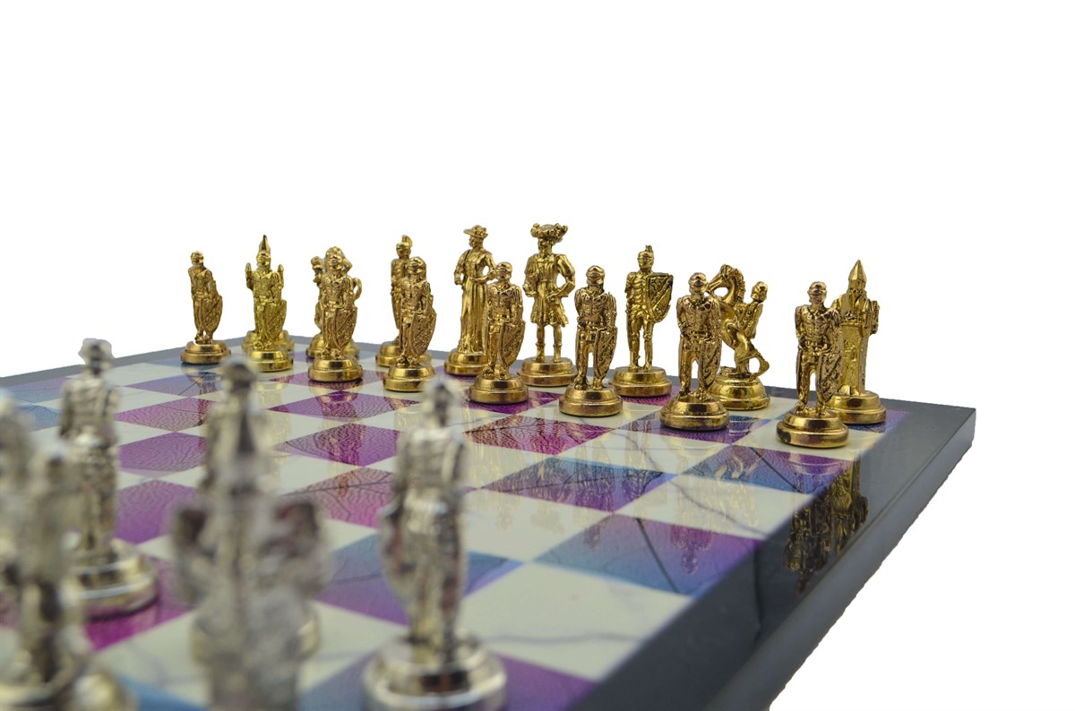 Gifthome Metal Satranç Takımı / Seti;Orta,İspanyol,Parlak Taş ve MDF, Bahar Desenli Satranç Tahtası