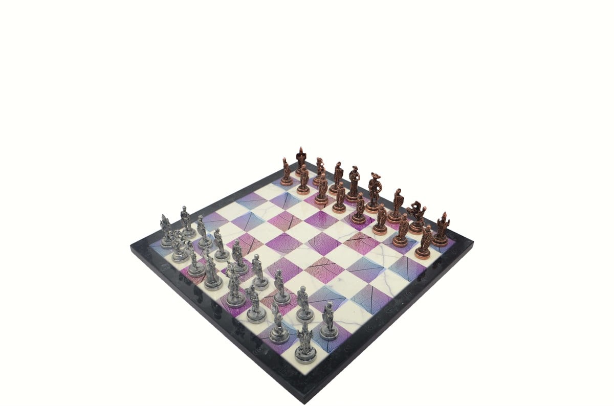 Gifthome Metal Satranç Takımı / Seti;Orta,İspanyol,Antik Taş ve MDF, Bahar Desenli Satranç Tahtası