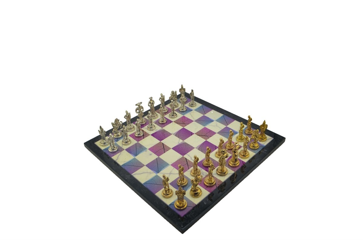Gifthome Metal Satranç Takımı / Seti;Orta,İspanyol,Parlak Taş ve MDF, Bahar Desenli Satranç Tahtası
