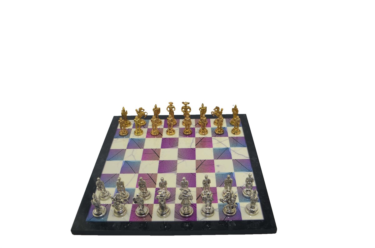 Gifthome Metal Satranç Takımı / Seti;Orta,İspanyol,Parlak Taş ve MDF, Bahar Desenli Satranç Tahtası