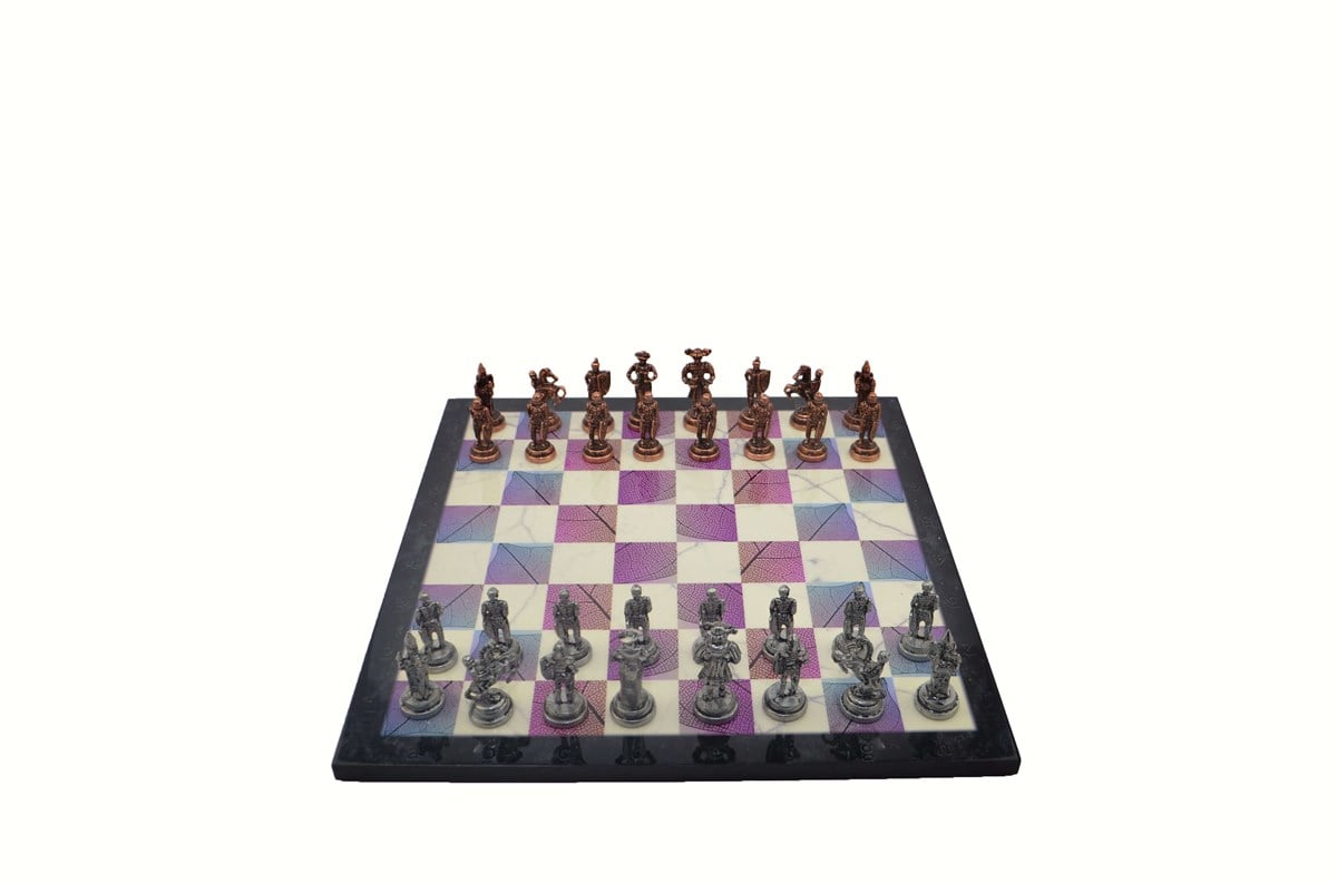 Gifthome Metal Satranç Takımı / Seti;Orta,İspanyol,Antik Taş ve MDF, Bahar Desenli Satranç Tahtası