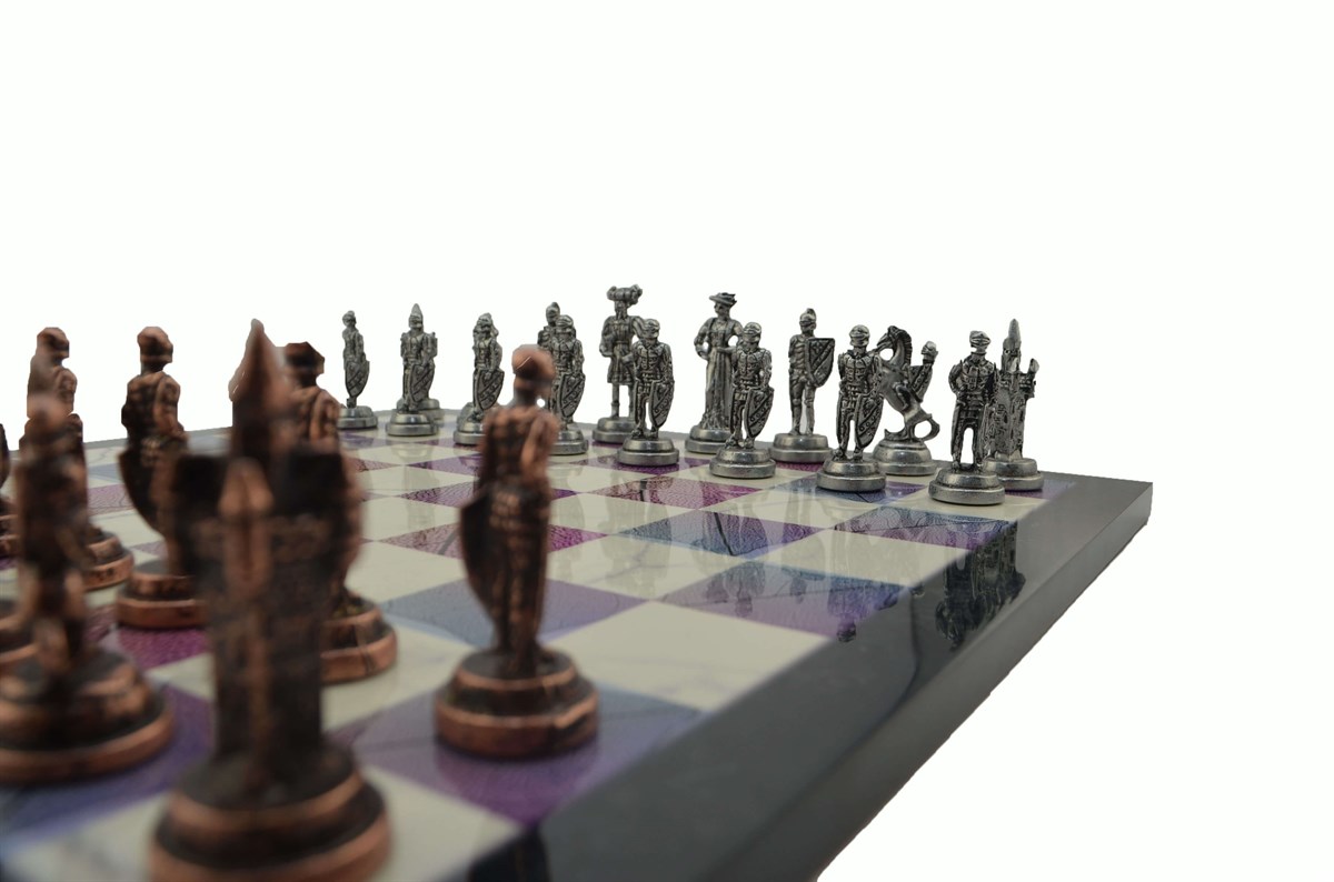 Gifthome Metal Satranç Takımı / Seti;Orta,İspanyol,Antik Taş ve MDF, Bahar Desenli Satranç Tahtası