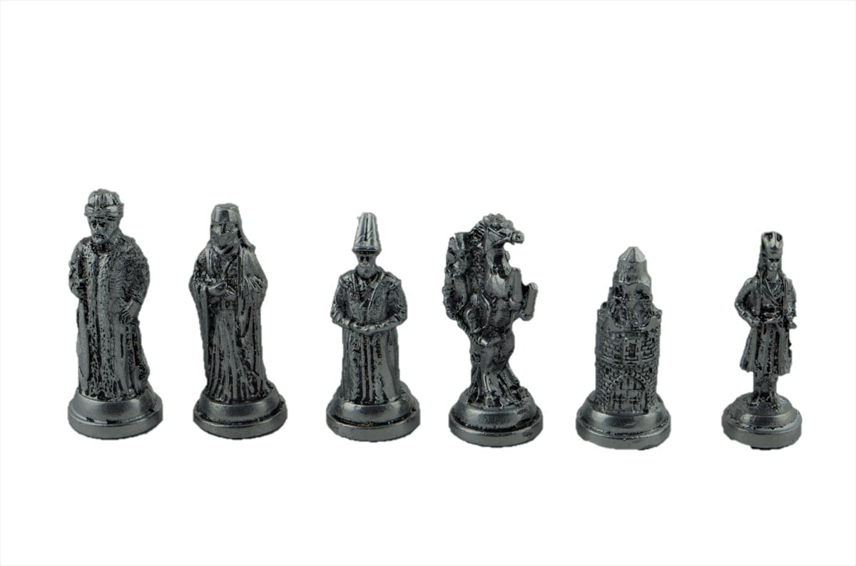 Gifthome Metal Satranç Takımı 5 No: Osmanlı Antik Taş El Yapımı Masif Ahşap Sandıklı Satranç Takımı