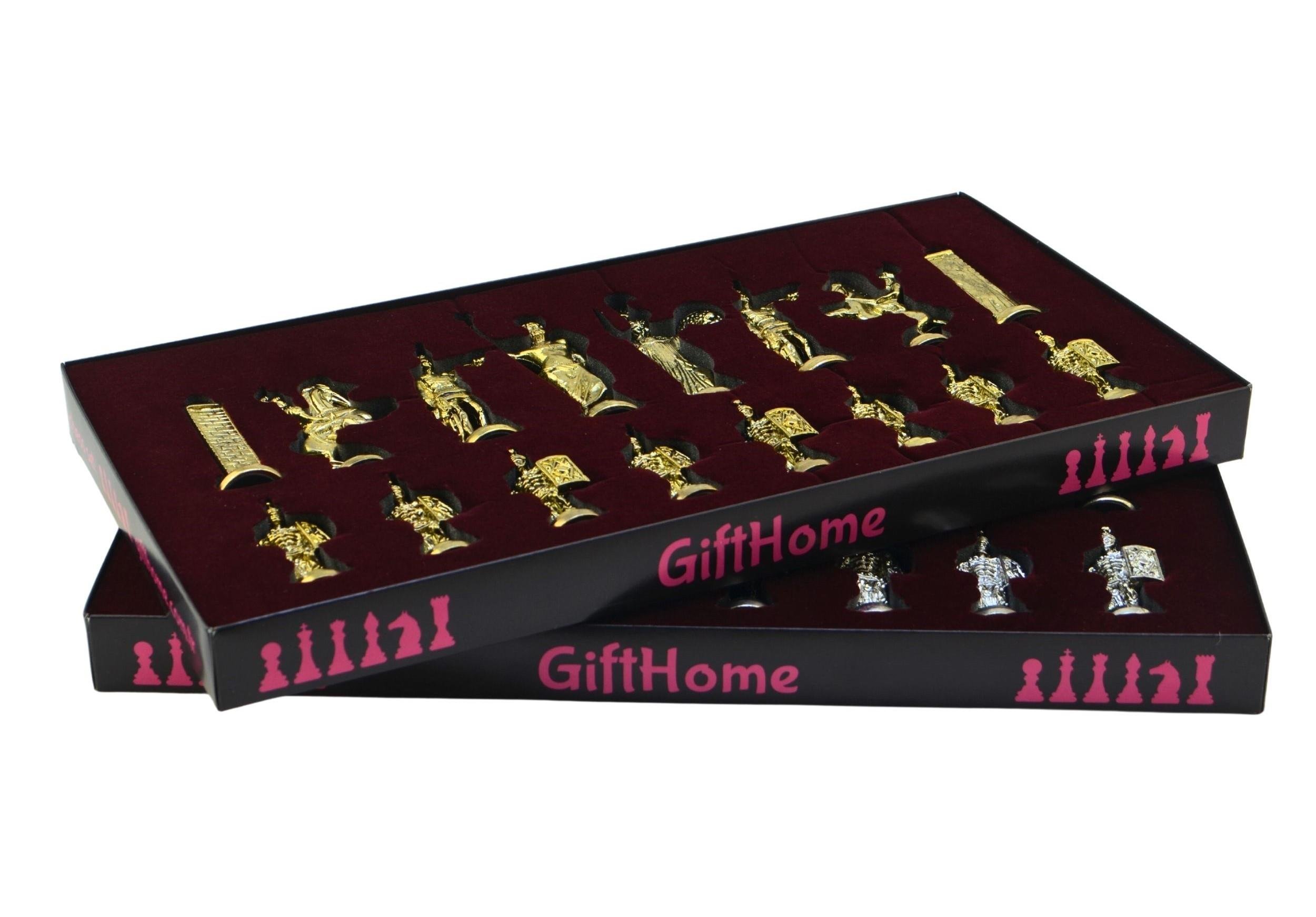 Gifthome Metal Satranç Takımı / Seti; Battal,Yunan,Parlak, Kat.Sedef Desenli Satranç Tahtası
