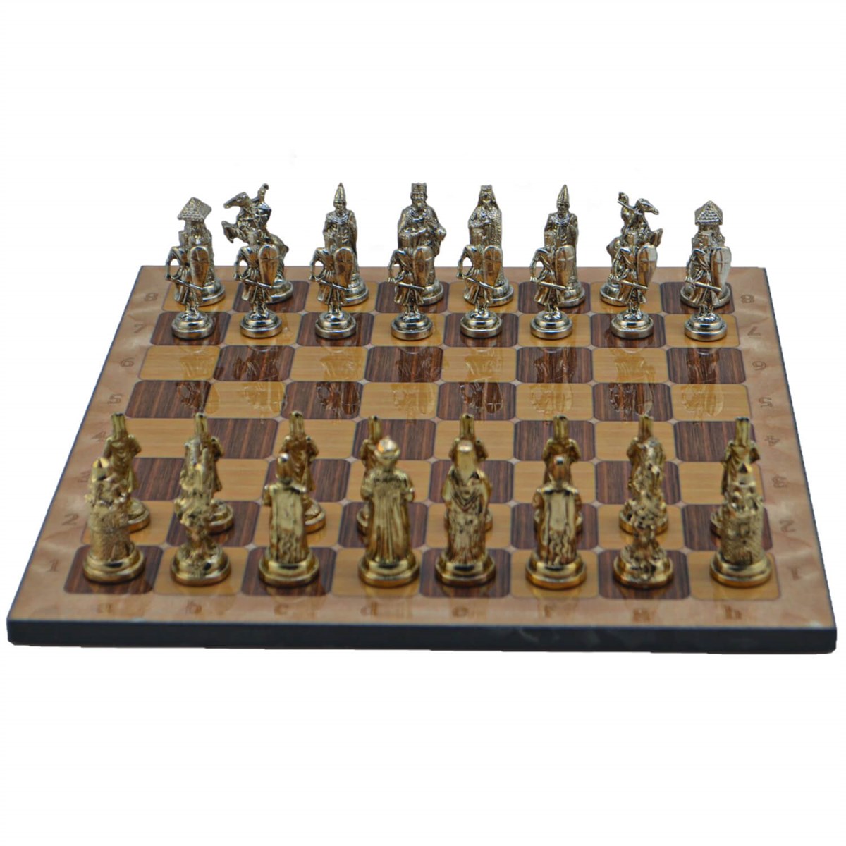 Gifthome Metal Satranç Takımı/Büyük,Osmanlı&Bizans,Parlak ve Rustik Ceviz Desenli Satranç Tahtası