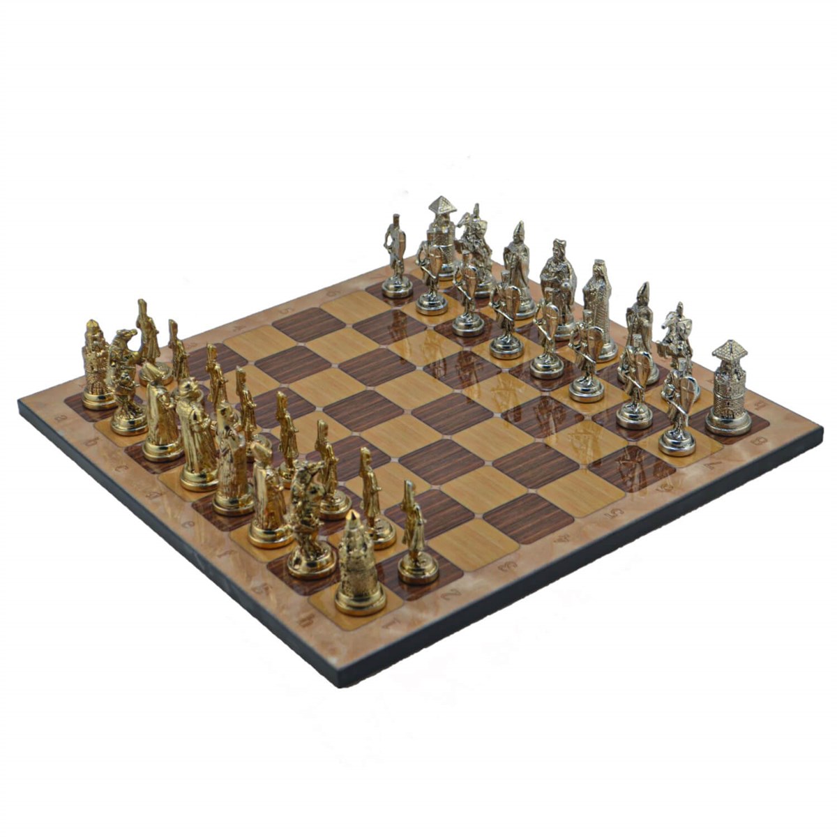 Gifthome Metal Satranç Takımı/Büyük,Osmanlı&Bizans,Parlak ve Rustik Ceviz Desenli Satranç Tahtası