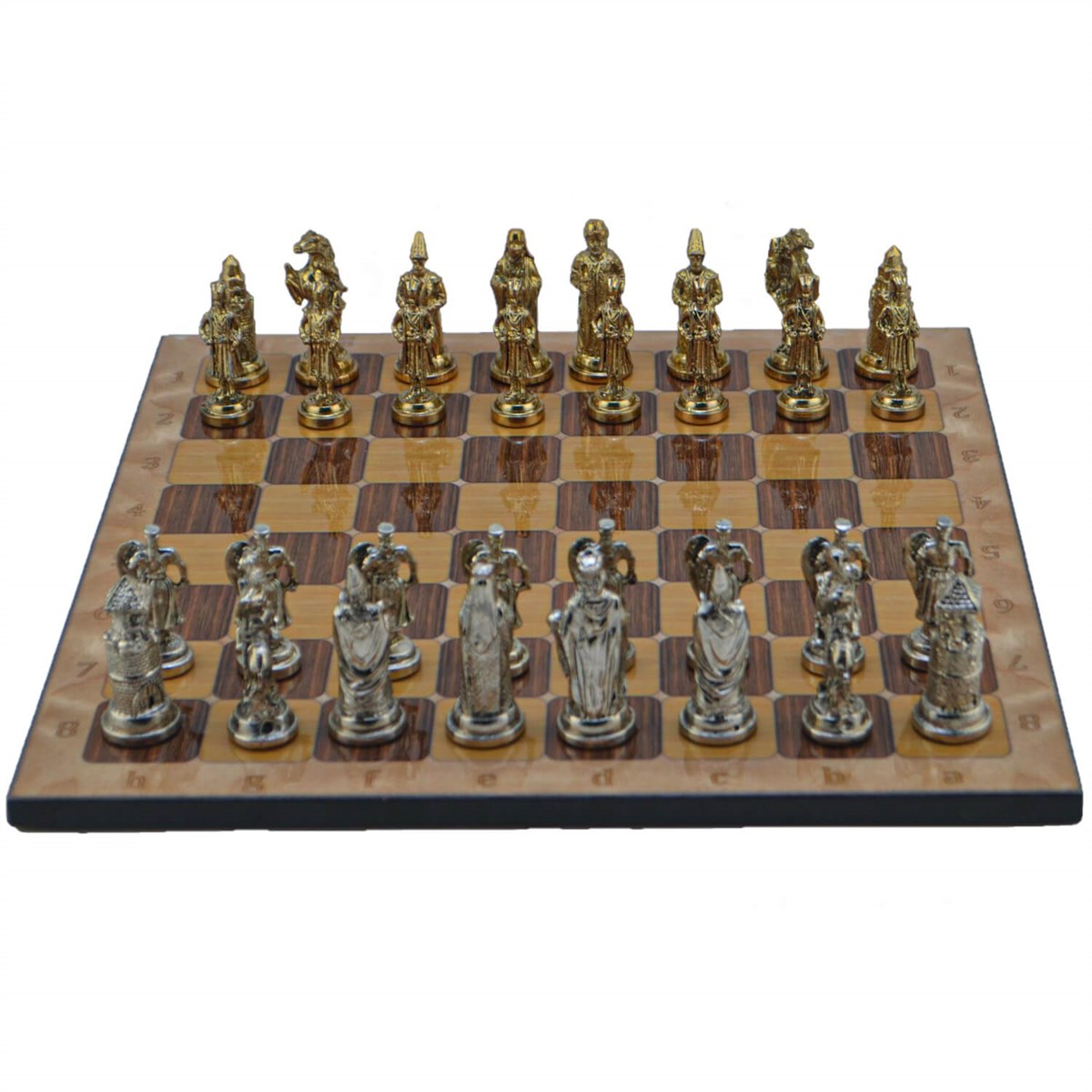 Gifthome Metal Satranç Takımı/Büyük,Osmanlı&Bizans,Parlak ve Rustik Ceviz Desenli Satranç Tahtası