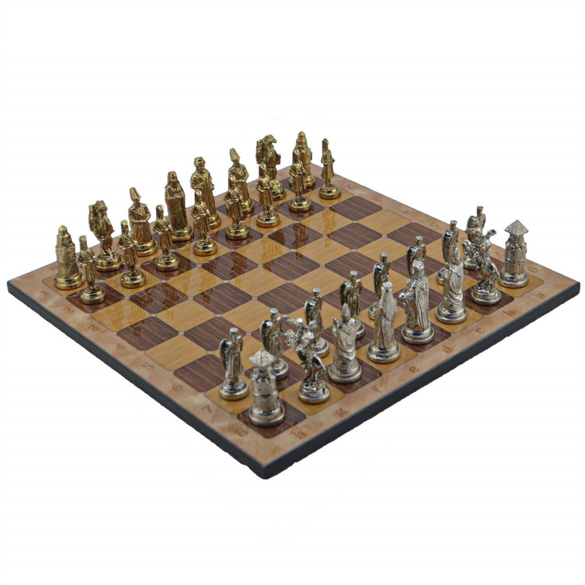 Gifthome Metal Satranç Takımı/Büyük,Osmanlı&Bizans,Parlak ve Rustik Ceviz Desenli Satranç Tahtası