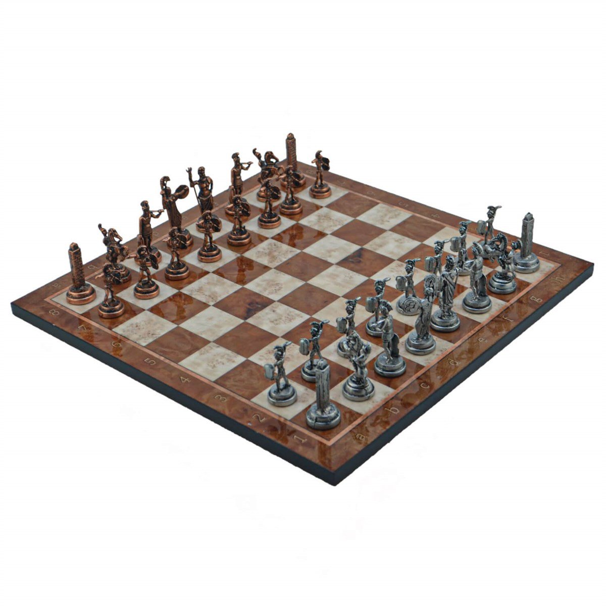 Gifthome Metal Satranç Takımı/Seti ; Orta, Yunan, Antik Taş ve Mocha Desenli Satranç Tahtası