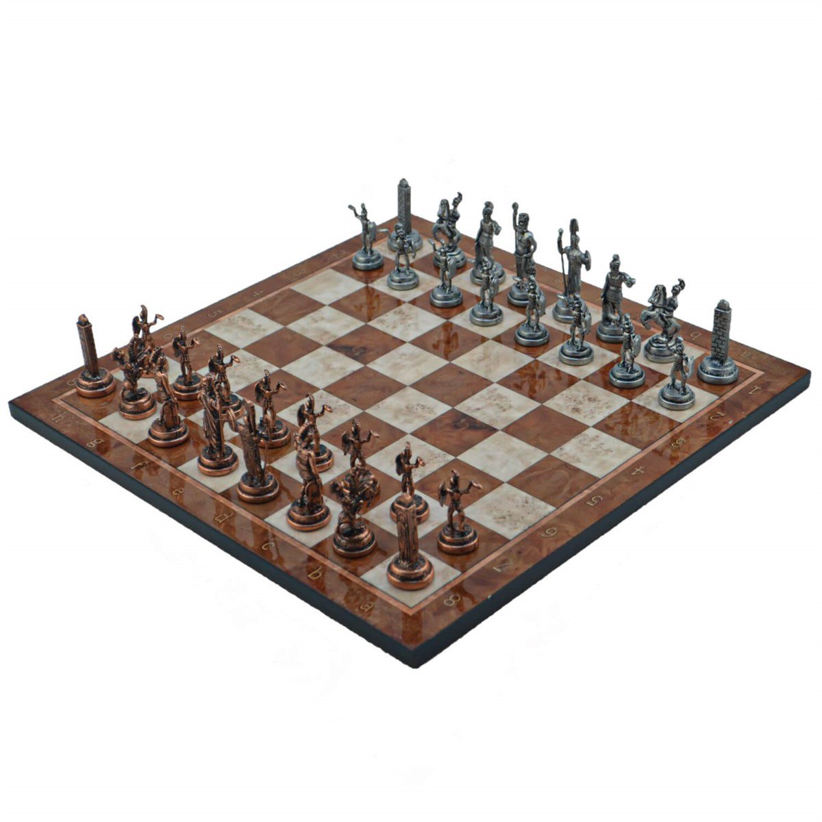 Gifthome Metal Satranç Takımı/Seti ; Orta, Yunan, Antik Taş ve Mocha Desenli Satranç Tahtası