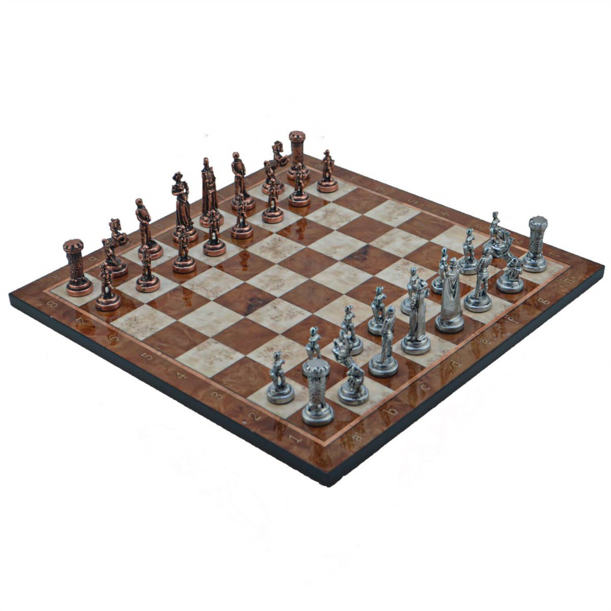 Gifthome Metal Satranç Takımı/Seti ; Orta, İngiliz, Antik Taş ve Mocha Desenli Satranç Tahtası