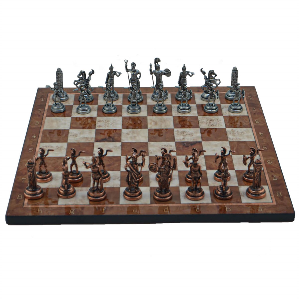 Gifthome Metal Satranç Takımı/Seti ; Orta, Yunan, Antik Taş ve Mocha Desenli Satranç Tahtası