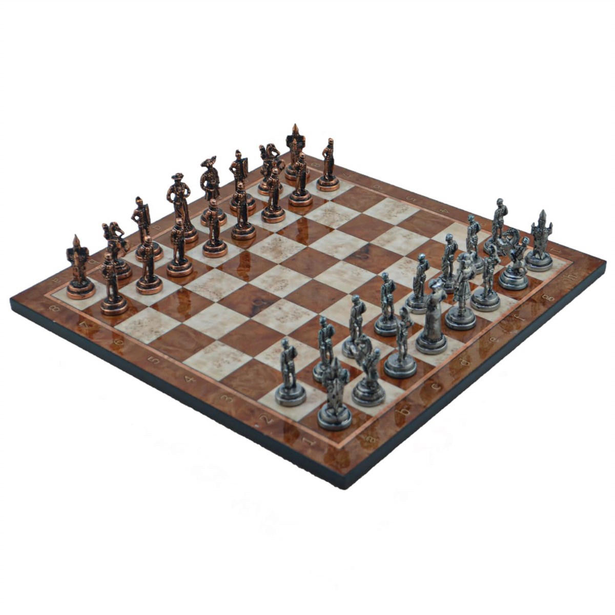 Gifthome Metal Satranç Takımı/Seti ; Orta, İspanyol, Antik Taş ve Mocha Desenli Satranç Tahtası