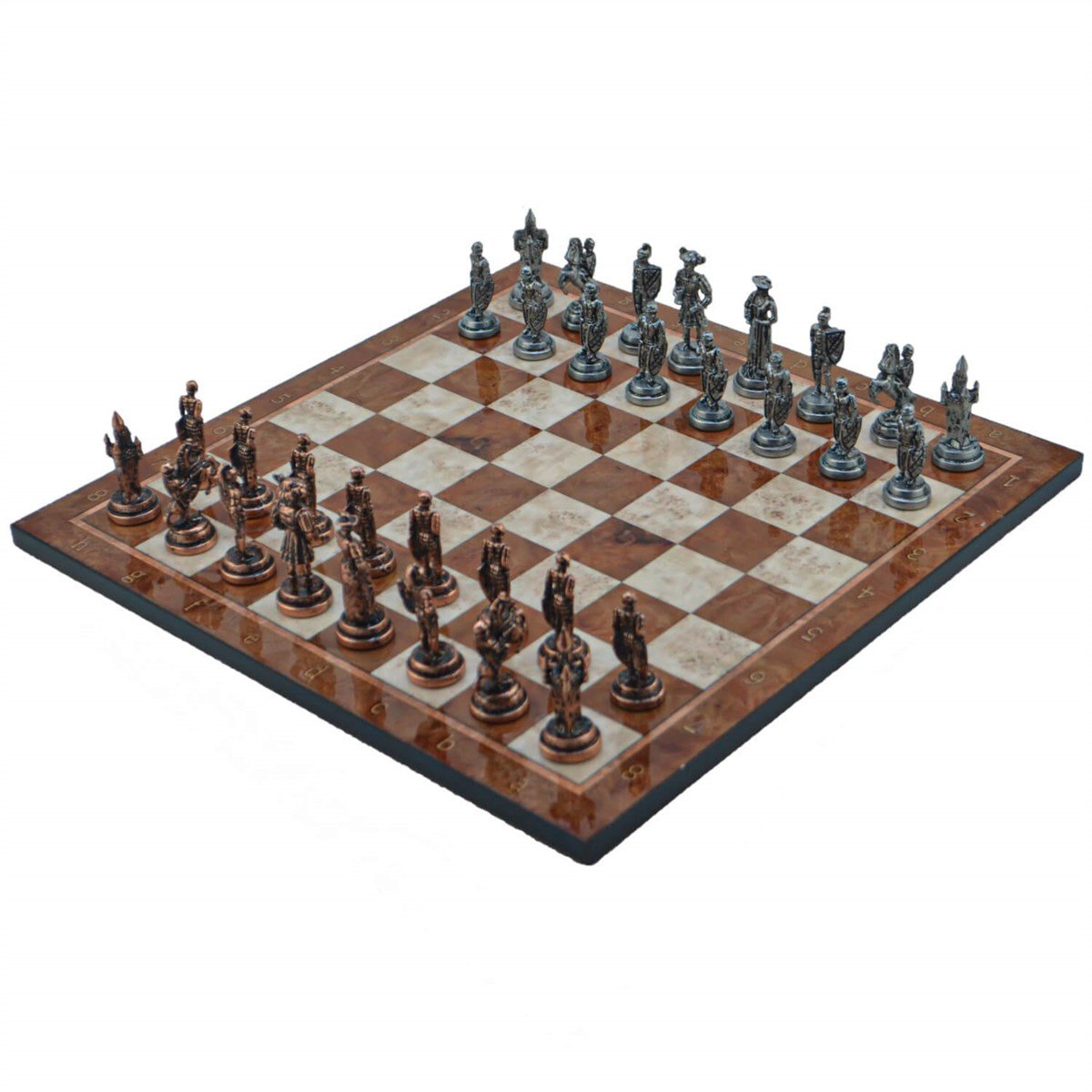 Gifthome Metal Satranç Takımı/Seti ; Orta, İspanyol, Antik Taş ve Mocha Desenli Satranç Tahtası