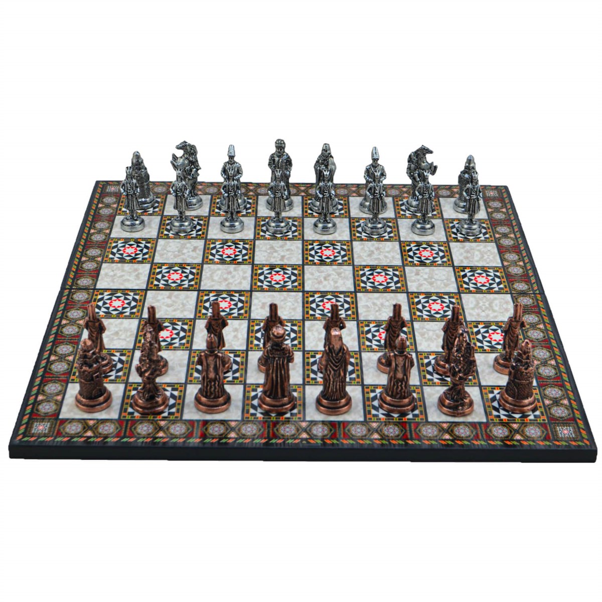 Gifthome Metal Satranç Takımı/Seti; Büyük,Osmanlı,Antik ve Katlanır Sedef Desenli Satranç Tahtası