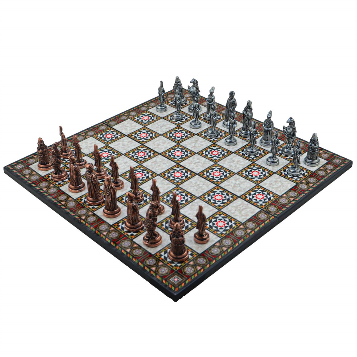 Gifthome Metal Satranç Takımı/Seti; Büyük,Osmanlı,Antik ve Katlanır Sedef Desenli Satranç Tahtası