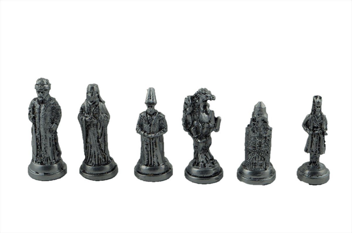Gifthome Metal Satranç Takımı/Seti; Büyük, Osmanlı, Antik Taş ve Ceviz Desenli Satranç Tahtası