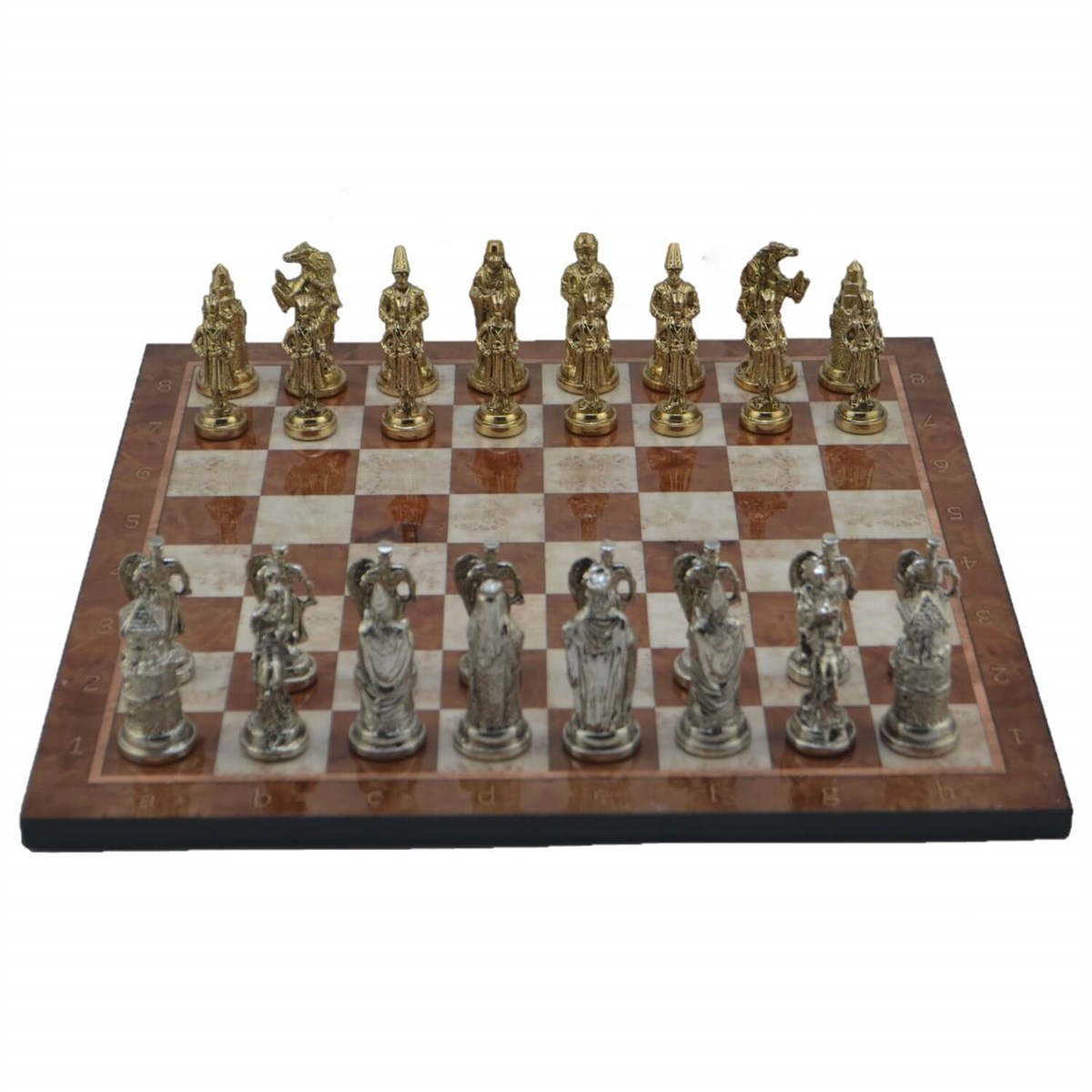 Gifthome Metal Satranç Takımı/Seti; Büyük, Osmanlı&Bizans, Parlak ve Mocha Desenli Satranç Tahtası