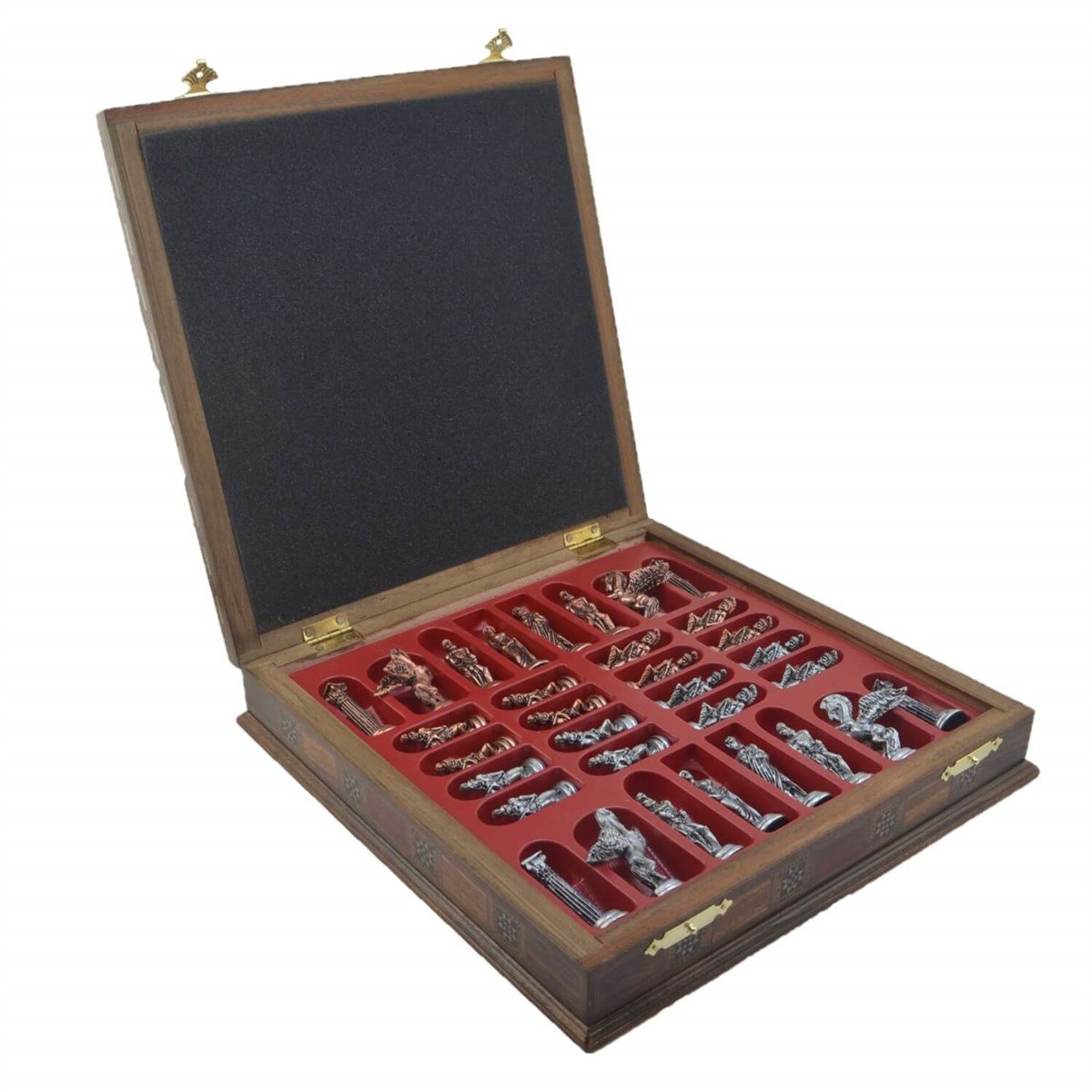 Gifthome Metal Satranç Takımı/Seti; Büyük, Pegasus, Antik Taş ve Sandıklı Masif Satranç Tahtası