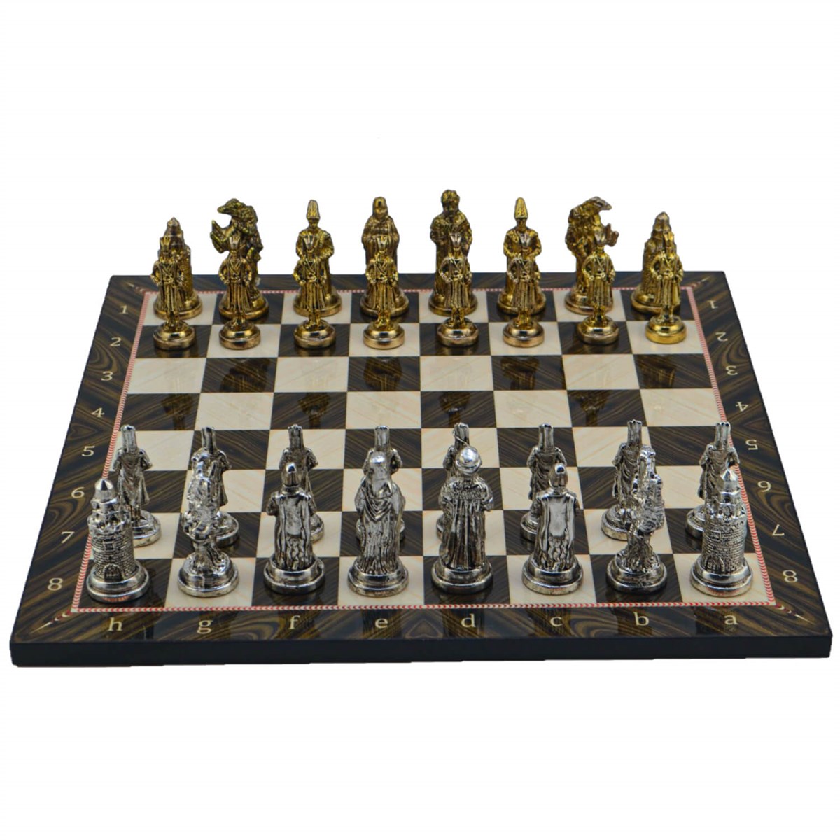 Gifthome Metal Satranç Takımı/Seti; Büyük, Osmanlı, Parlak Taş ve Ceviz Desenli Satranç Tahtası