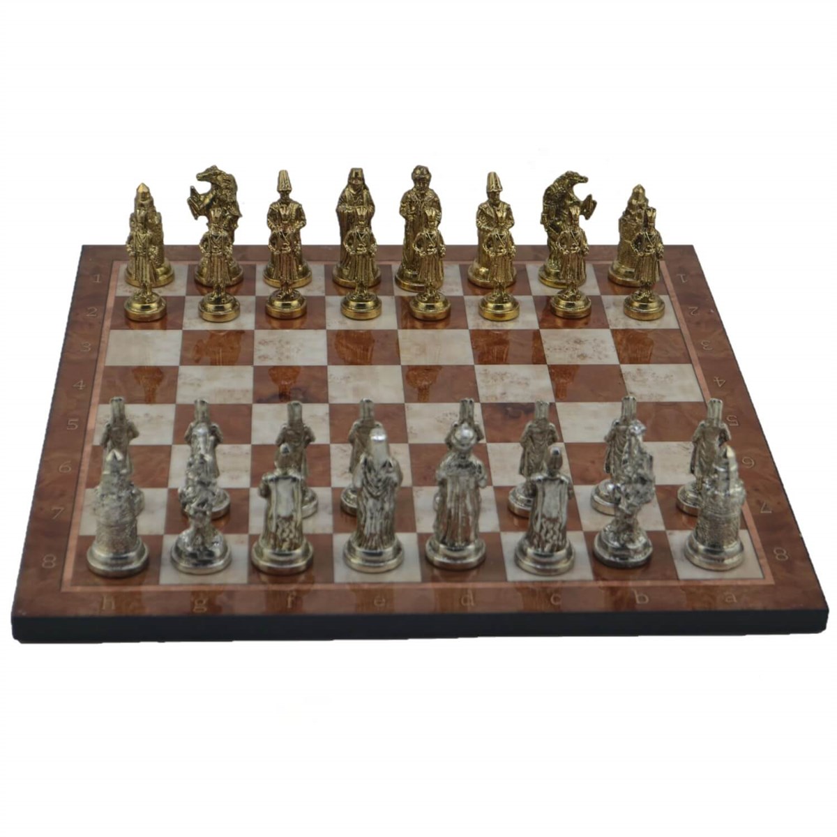 Gifthome Metal Satranç Takımı/Seti; Büyük, Osmanlı, Parlak Taş ve Mocha Desenli Satranç Tahtası