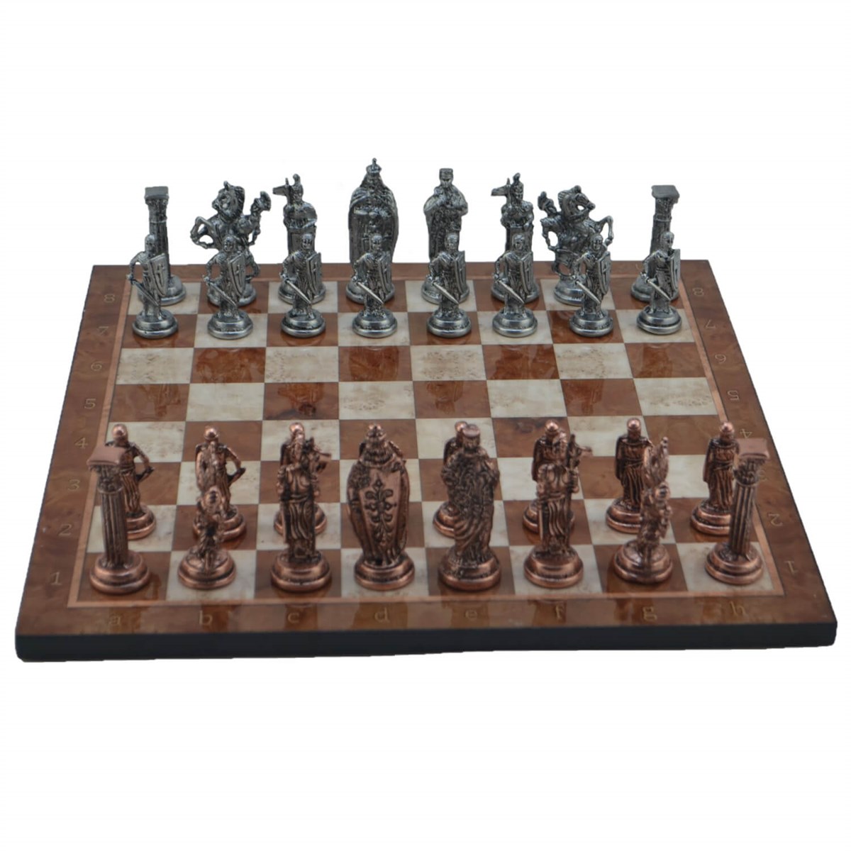 Gifthome Metal Satranç Takımı/Seti; Büyük, İngiliz, Antik Taş ve Mocha Desenli Satranç Tahtası