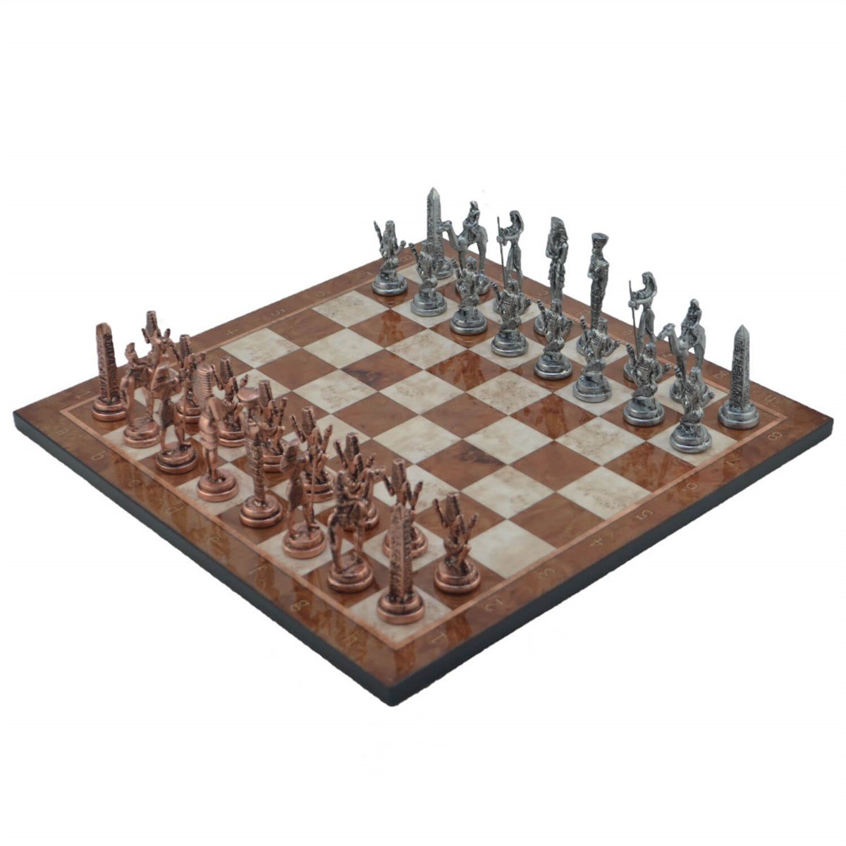 Gifthome Metal Satranç Takımı/Seti; Büyük, Mısır, Antik Taş ve Mocha Desenli Satranç Tahtası