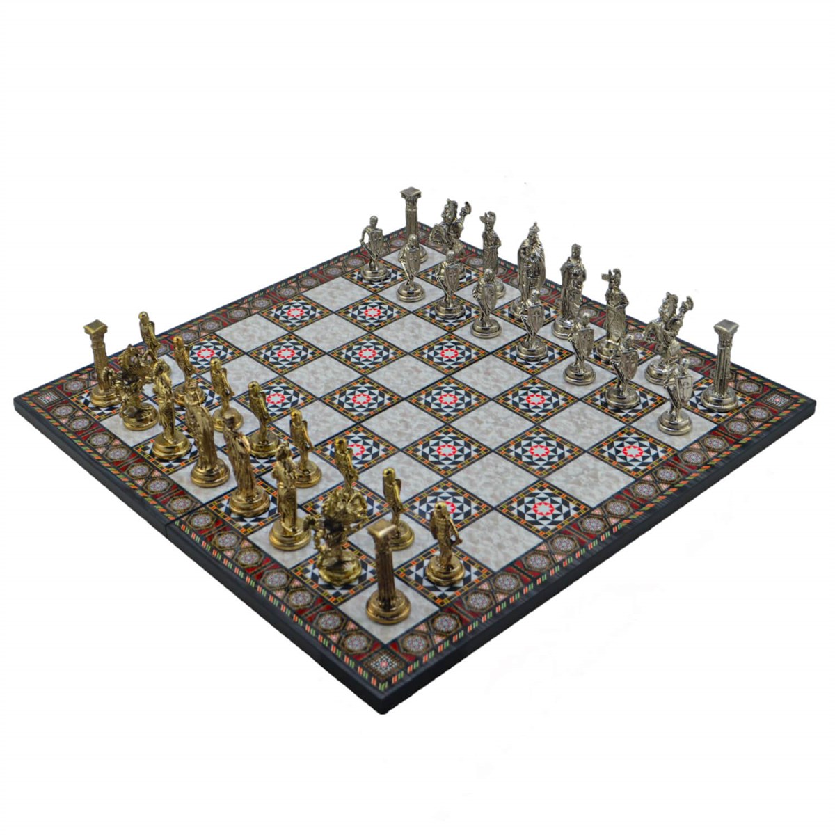 Gifthome Metal Satranç Takımı/Seti; Büyük,İngiliz,Parlak ve Katlanır Sedef Desenli Satranç Tahtası