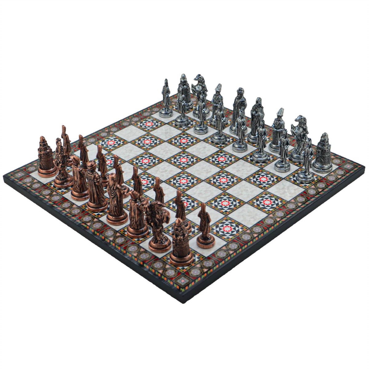 Gifthome Metal Satranç Takımı/Seti; Büyük, Osmanlı, Antik Taş ve Sedef Desenli Satranç Tahtası