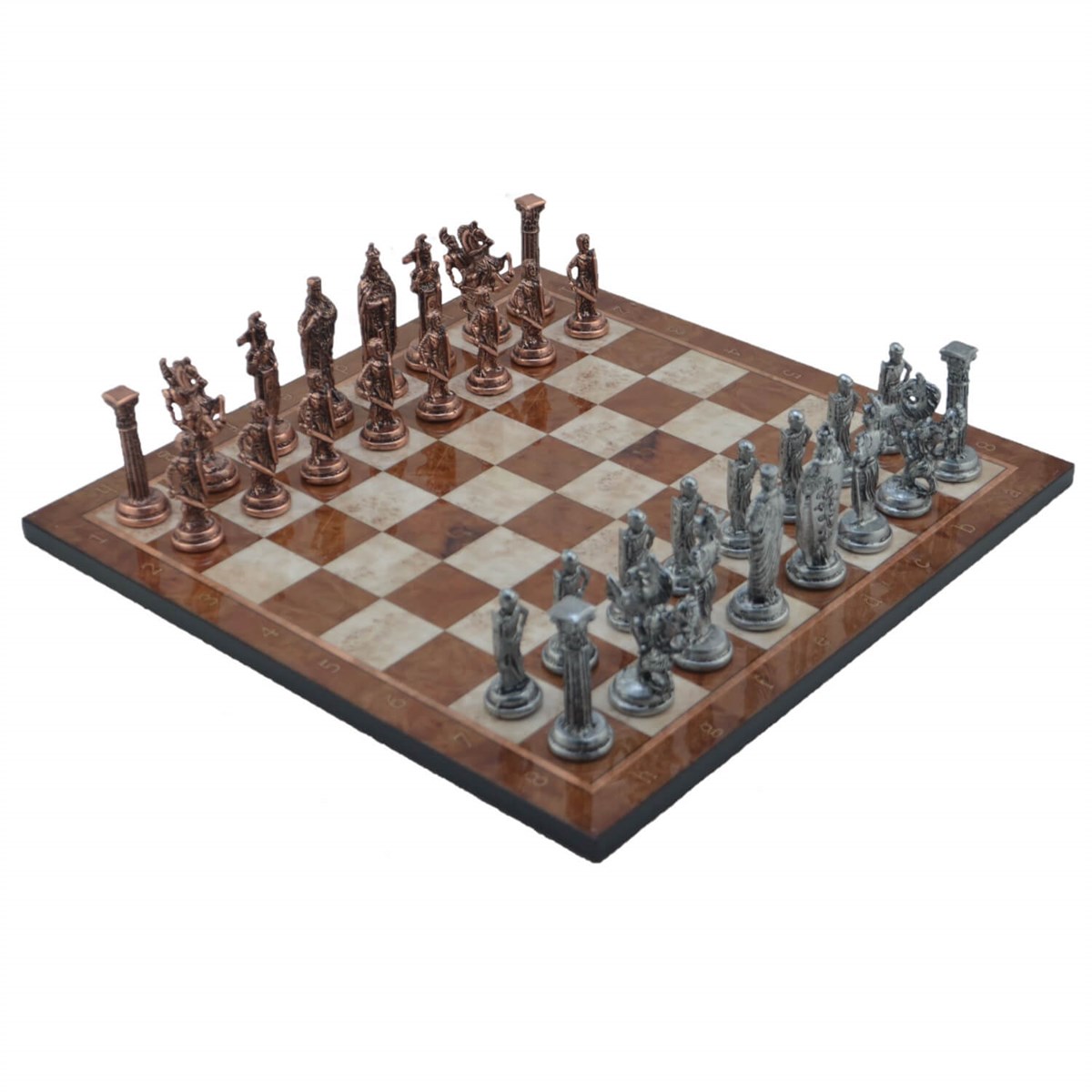 Gifthome Metal Satranç Takımı/Seti; Büyük, İngiliz, Antik Taş ve Mocha Desenli Satranç Tahtası