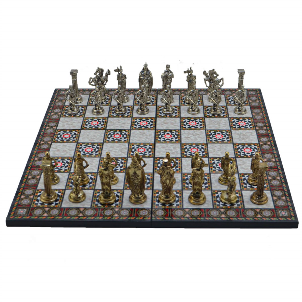 Gifthome Metal Satranç Takımı/Seti; Büyük,İngiliz,Parlak ve Katlanır Sedef Desenli Satranç Tahtası