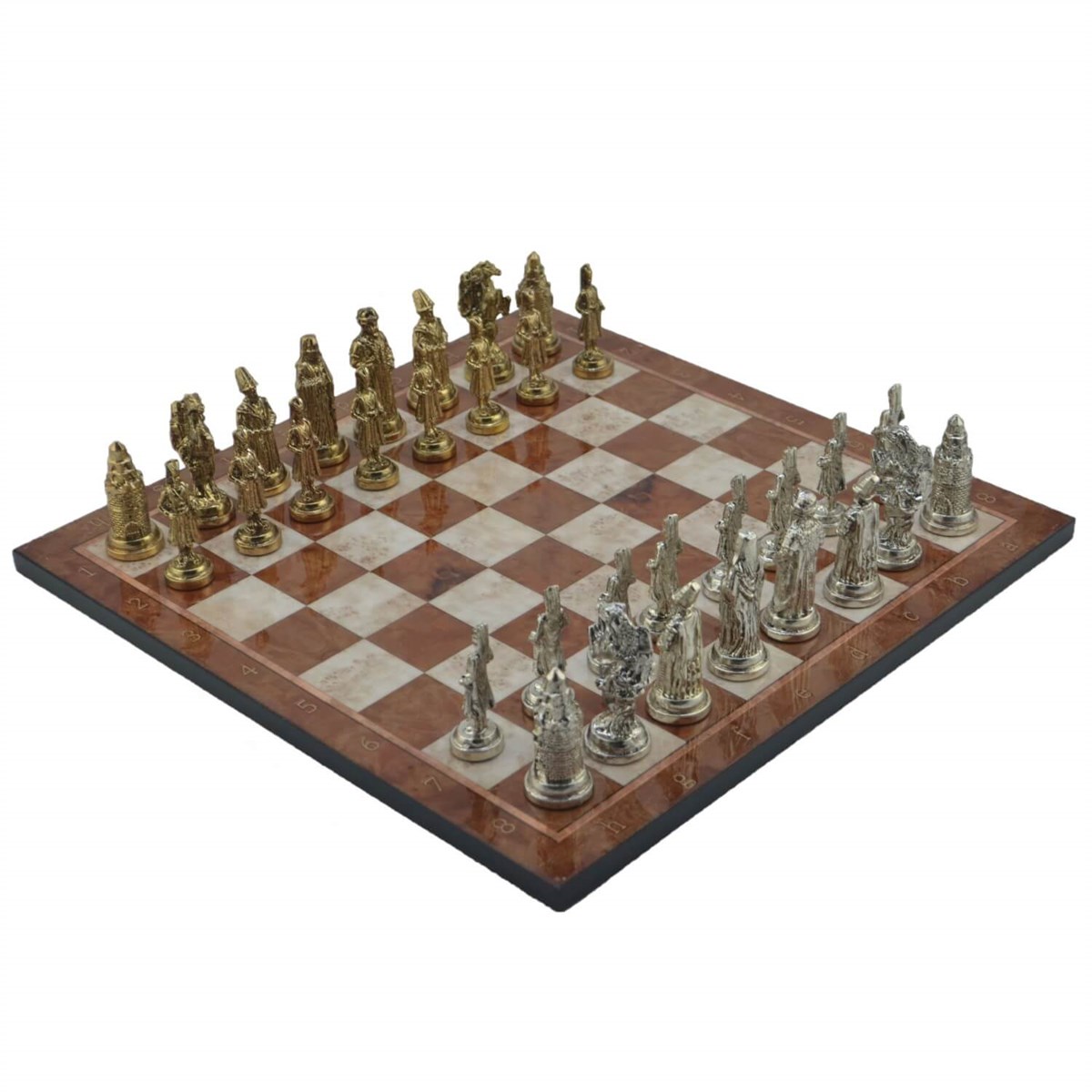 Gifthome Metal Satranç Takımı/Seti; Büyük, Osmanlı, Parlak Taş ve Mocha Desenli Satranç Tahtası