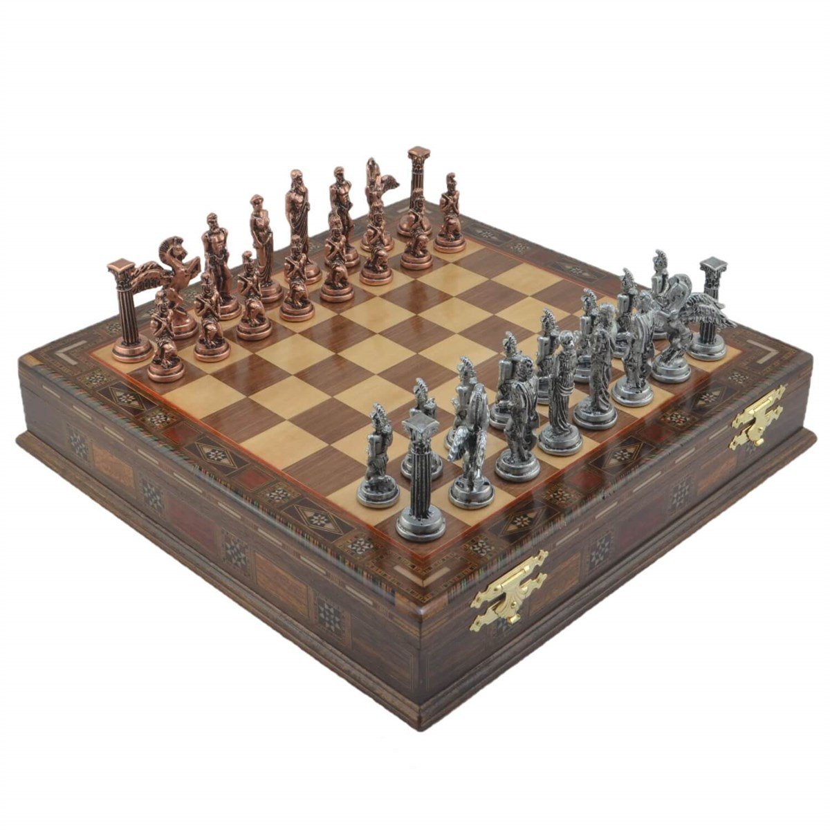 Gifthome Metal Satranç Takımı/Seti; Büyük, Pegasus, Antik Taş ve Sandıklı Masif Satranç Tahtası