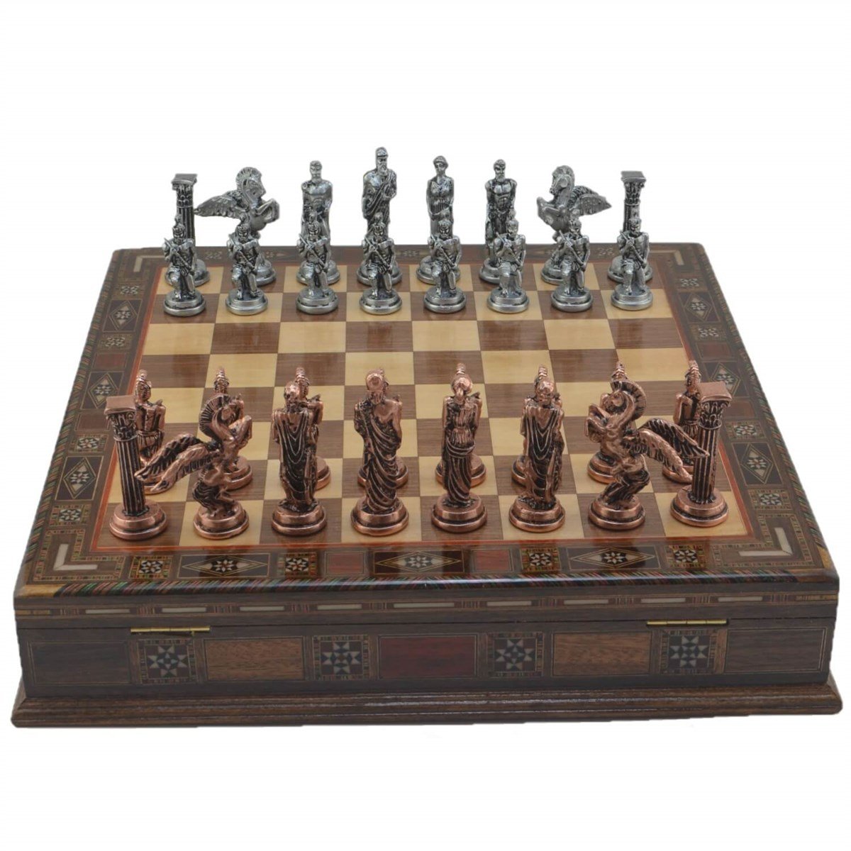 Gifthome Metal Satranç Takımı/Seti; Büyük, Pegasus, Antik Taş ve Sandıklı Masif Satranç Tahtası