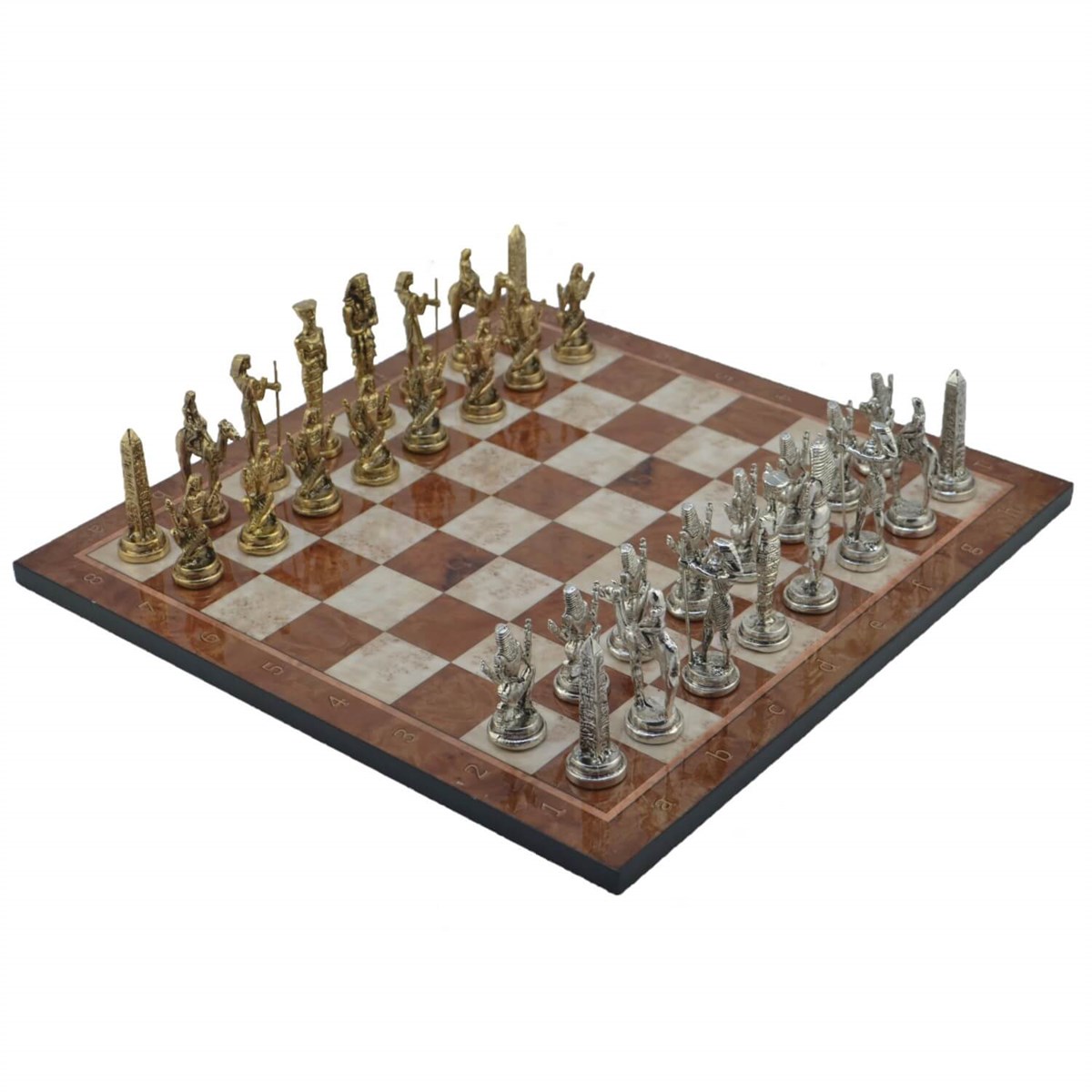Gifthome Metal Satranç Takımı/Seti; Büyük, Mısır, Parlak Taş ve Mocha Desenli Satranç Tahtası