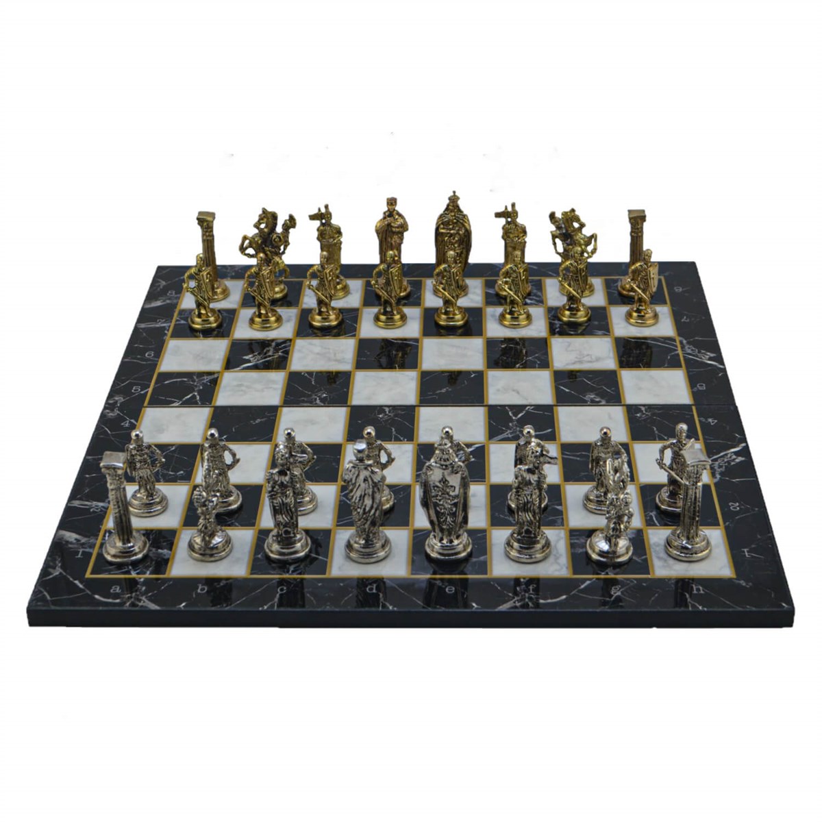 Gifthome Metal Satranç Takımı/Seti; Büyük,İngiliz,Parlak ve Katlanır Mermer Desenli Satranç Tahtası