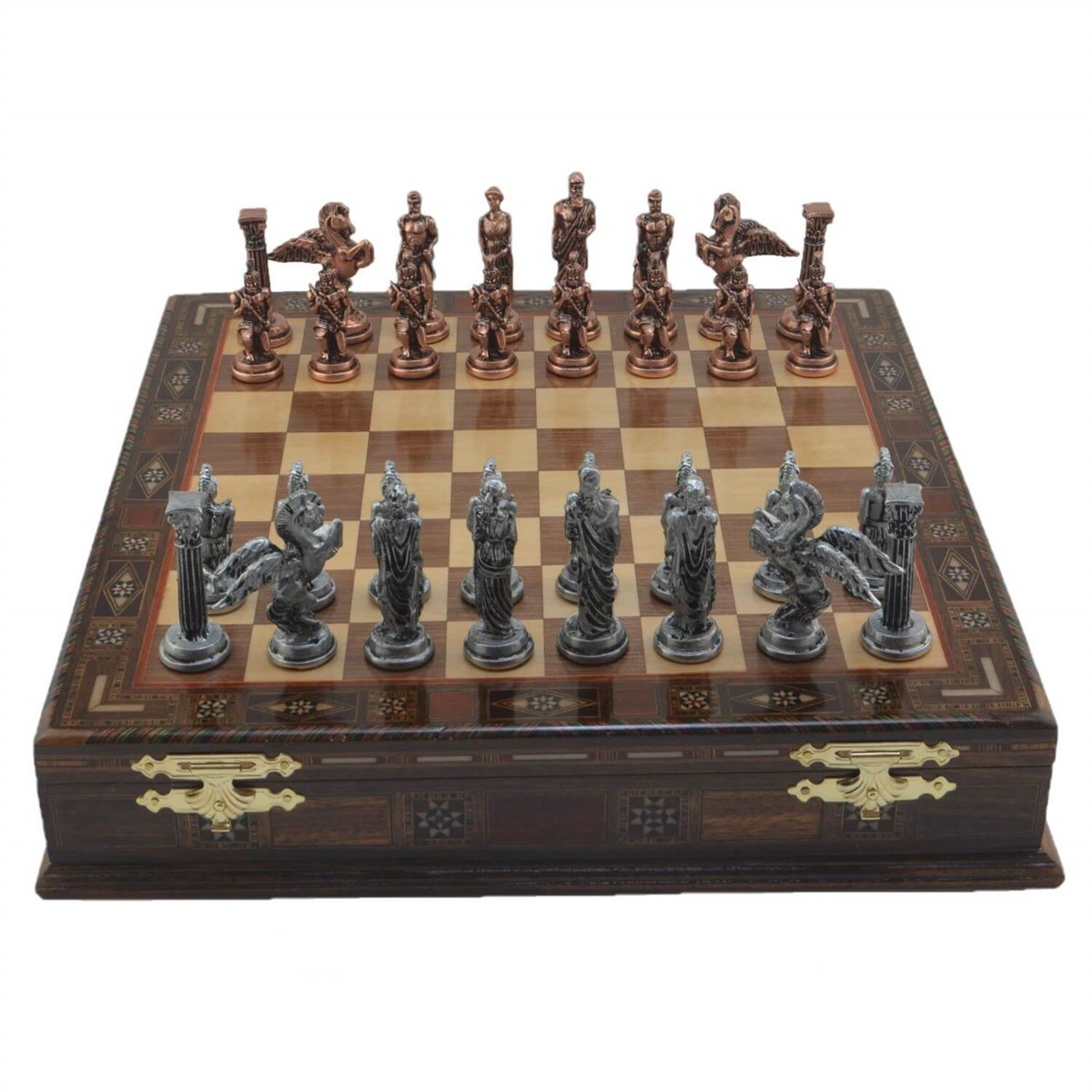 Gifthome Metal Satranç Takımı/Seti; Büyük, Pegasus, Antik Taş ve Sandıklı Masif Satranç Tahtası