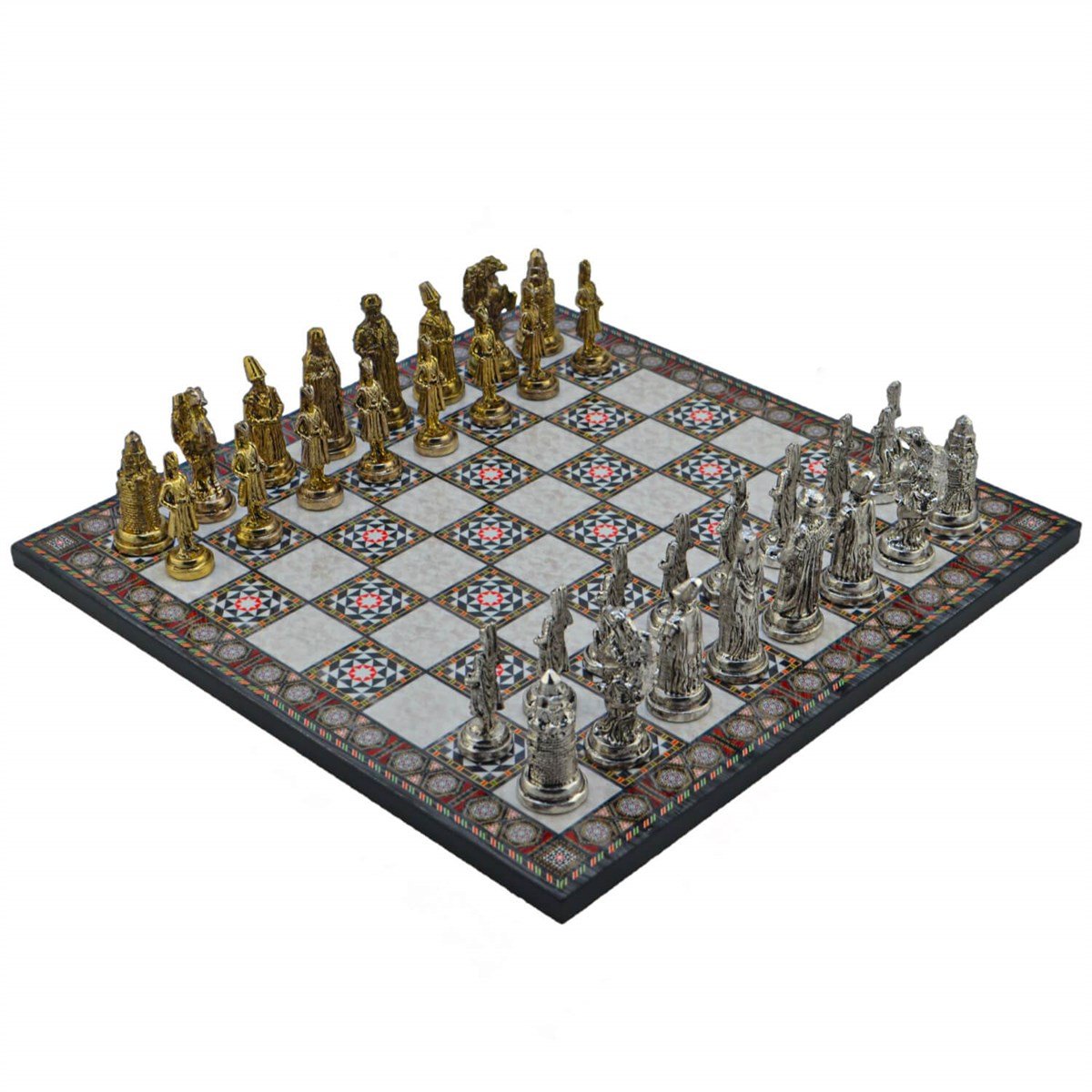 Gifthome Metal Satranç Takımı/Seti; Büyük, Osmanlı, Parlak Taş ve Sedef Desenli Satranç Tahtası