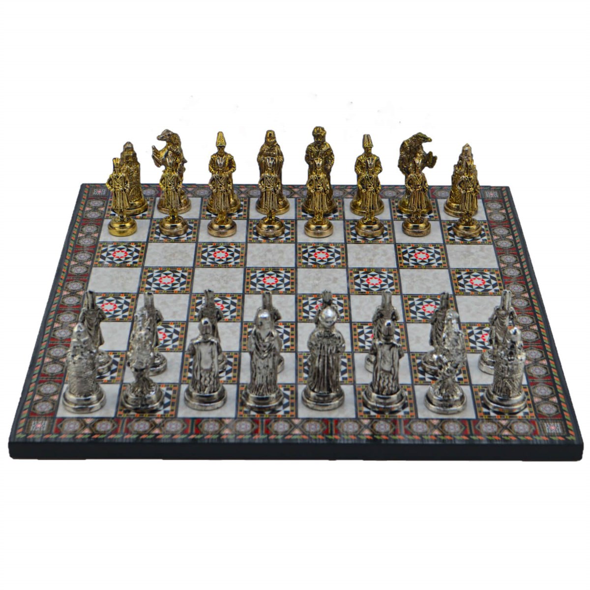 Gifthome Metal Satranç Takımı/Seti; Büyük, Osmanlı, Parlak Taş ve Sedef Desenli Satranç Tahtası