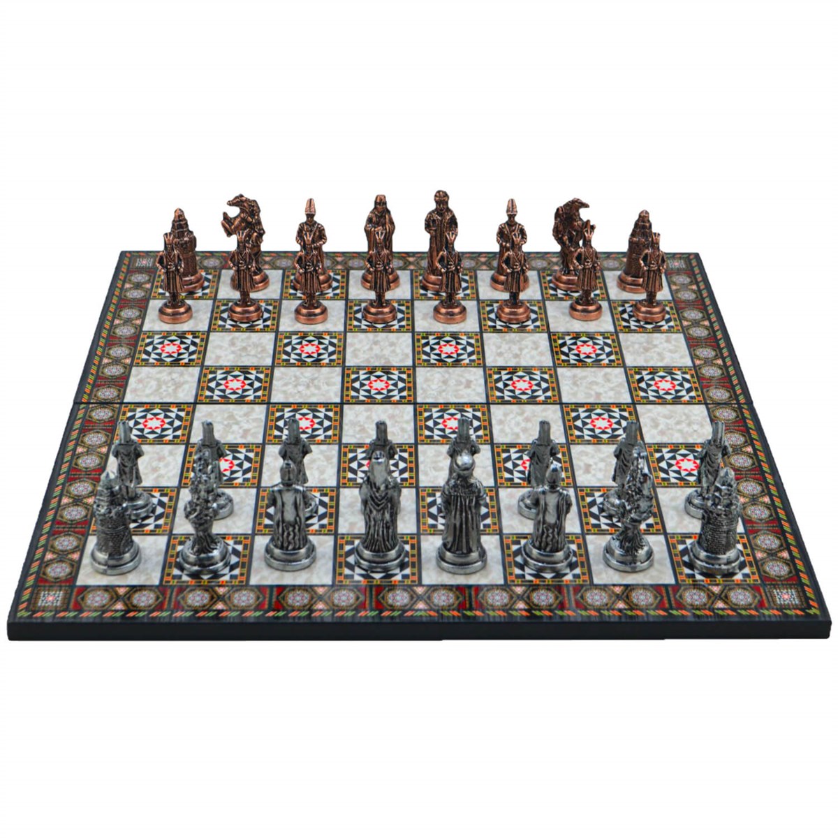 Gifthome Metal Satranç Takımı/Seti; Büyük,Osmanlı,Antik ve Katlanır Sedef Desenli Satranç Tahtası