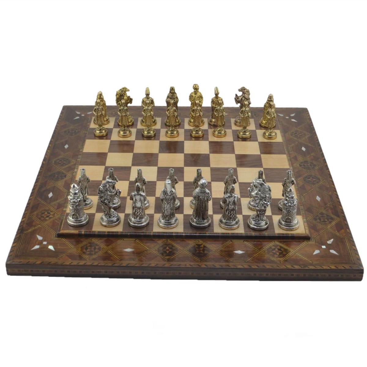 Gifthome Metal Satranç Takımı/Seti; Büyük, Osmanlı, Parlak, Düz Masif Ahşap Satranç Tahtası