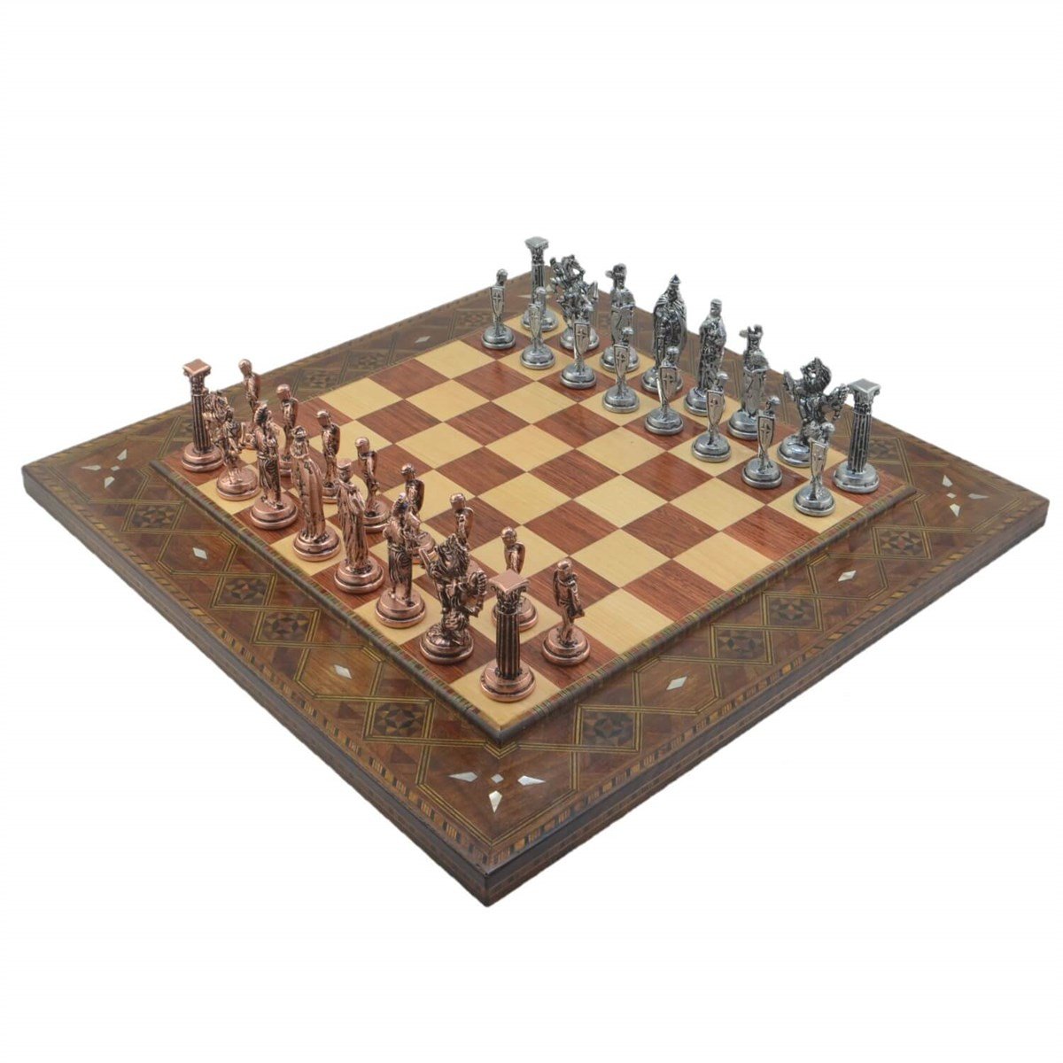 Gifthome Metal Satranç Takımı/Seti; Büyük, İngiliz, Antik Taş, Gül, Düz Masif Satranç Tahtası