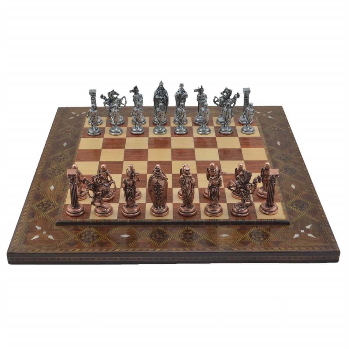 Gifthome Metal Satranç Takımı/Seti; Büyük, İngiliz, Antik Taş, Gül, Düz Masif Satranç Tahtası